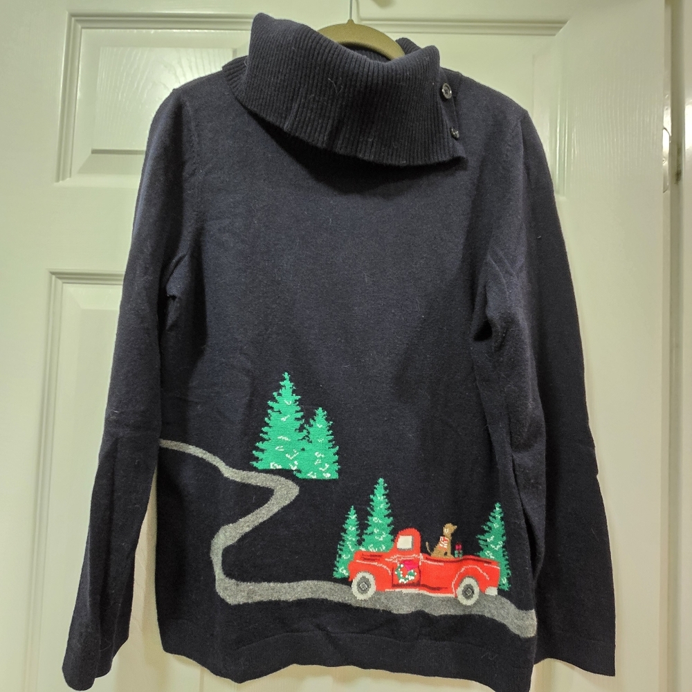 Talbots Womens Sweater DARK Blue Christmas Sweater Truck Lambswool Blend Navy M - Picture 2 of 11
